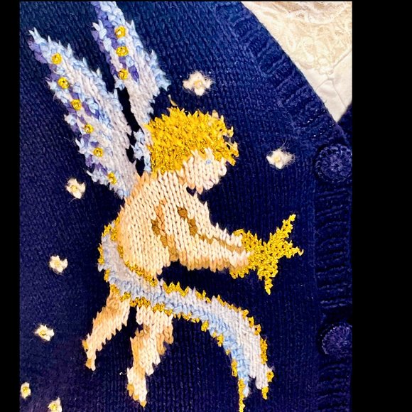 ▪️VTG▪️MARISA CHRISTINA▪️Christmas Beaded Angels & Stars Oversized Cardigan - Picture 4 of 8